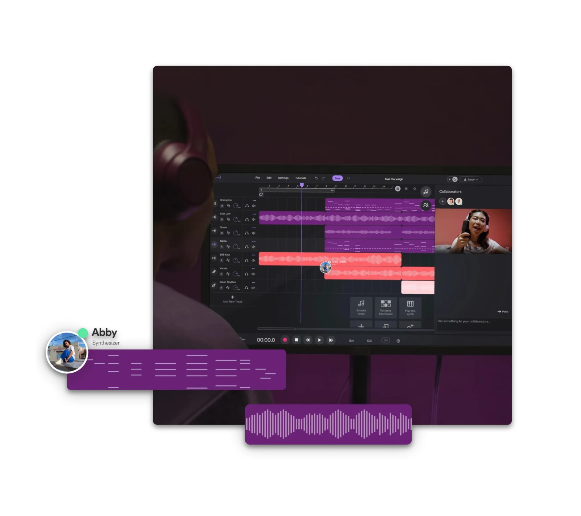 Collaborative music creation interface displayed on a desktop screen, with a participant profile and audio waveform elements.