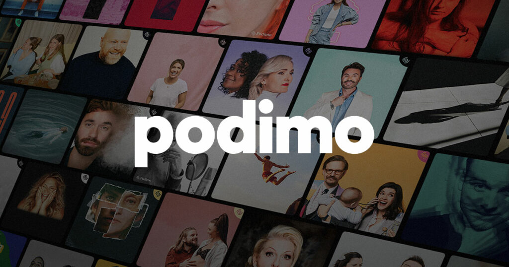 Podimo brand visual showing a mosaic of podcast and audiobook cover art with the Podimo wordmark.